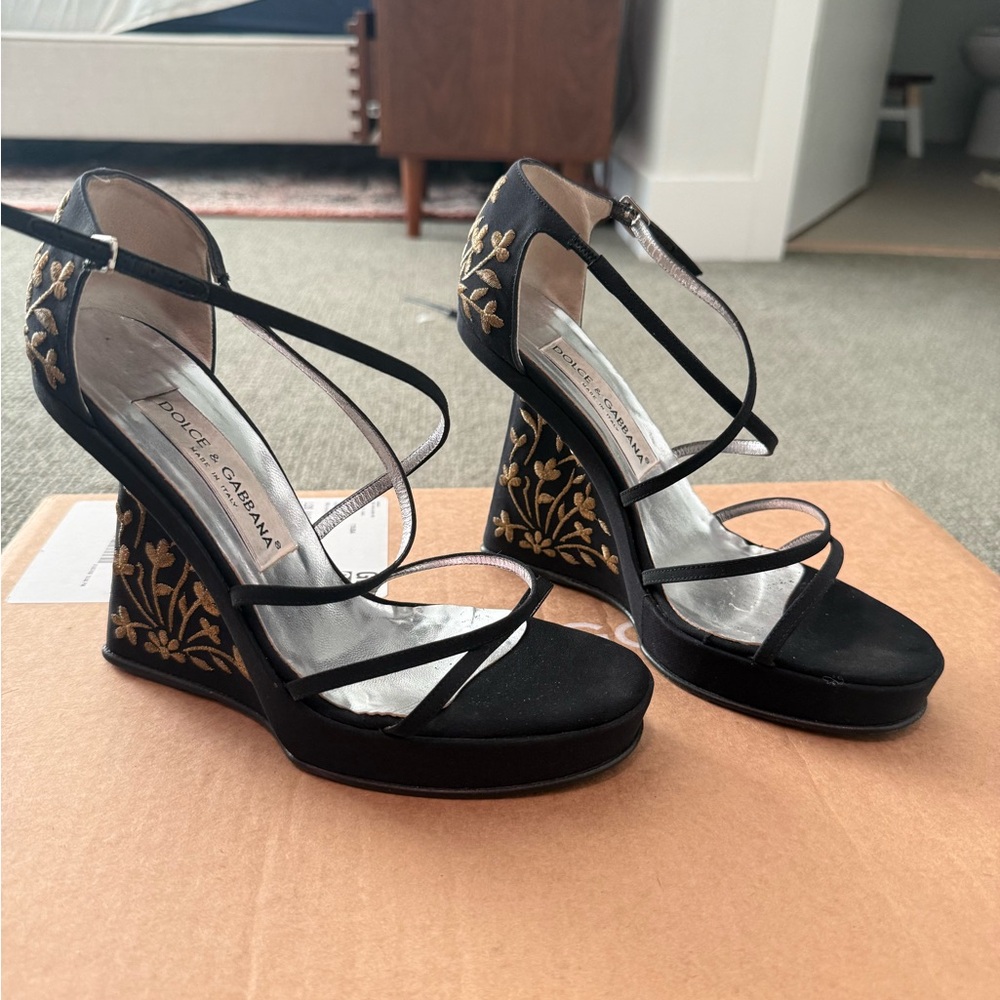 Dolce & Gabbana Black and Gold Wedge Sandals